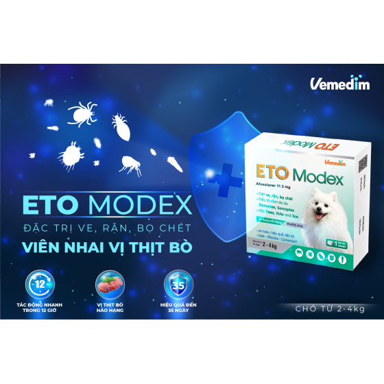 Vemedim ETO Modex - Diệt ve, rận, bọ chét, điều trị viêm da do Demodex, Sarcoptes cho chó