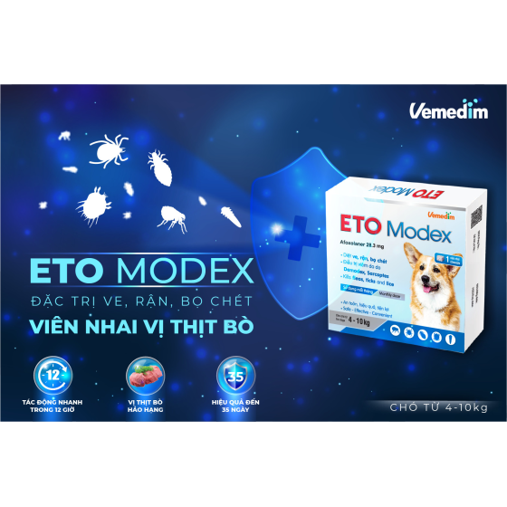 Vemedim ETO Modex - Diệt ve, rận, bọ chét, điều trị viêm da do Demodex, Sarcoptes cho chó
